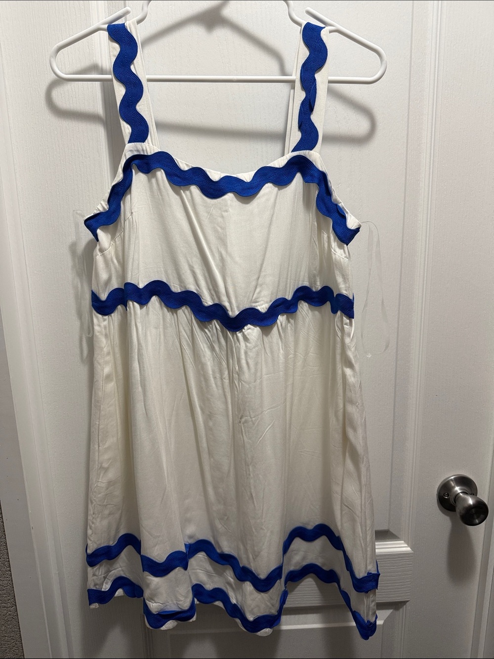 White Dress with Royal Blue Scallop Trim